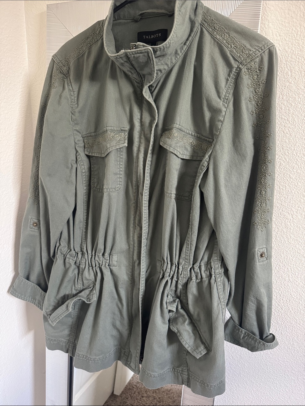 Talbots Sage-Green Cinched-Waist Utility Jacket